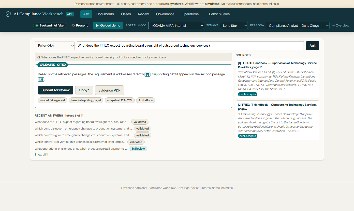 Workbench Ask view showing a validated answer with numbered citations into FFIEC guidance, on synthetic demonstration data
