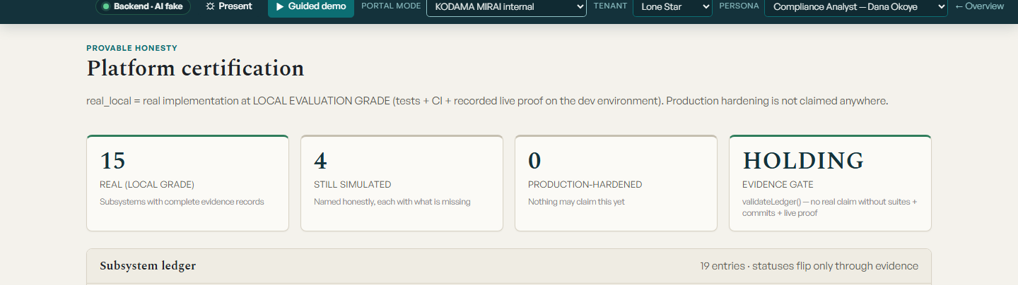 Workbench platform certification summary showing evidence-gated status counts, on synthetic demonstration data