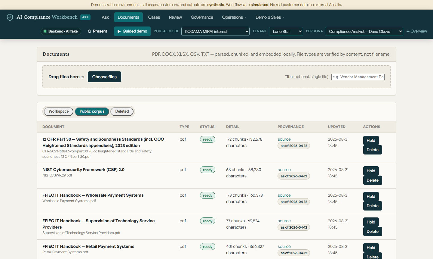 Workbench Documents view showing regulatory documents ingested with per-document status, on synthetic demonstration data